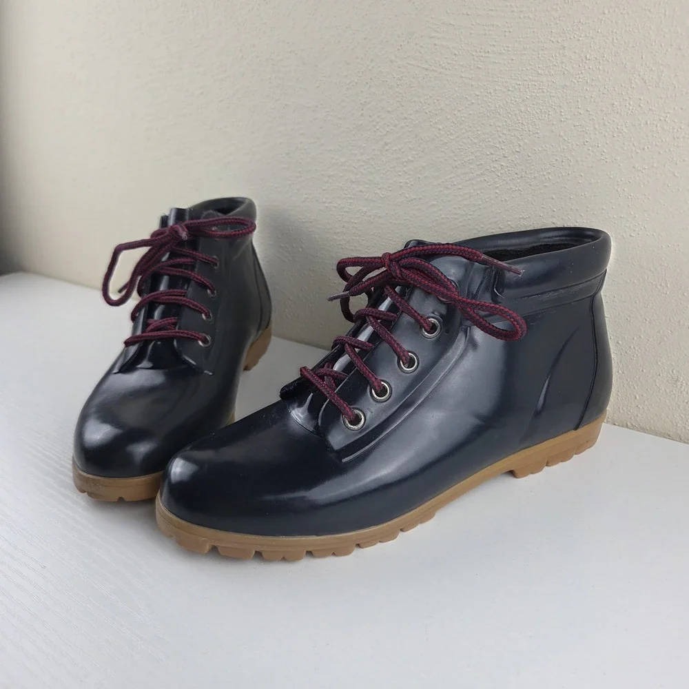 Lands End Vintage Rubber Navy Blue Rain Duck Garden Shoe Boots Women's Size 9 M